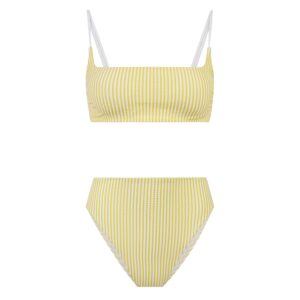 Yellow two-piece swimsuit under the lights isolated on a white background